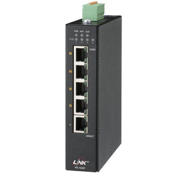 LINK PS-1030T 4-Port Gigabit Industrial PoE+ with 1-Port GE Uplink, PoE Power Budget?90W, Metal Case